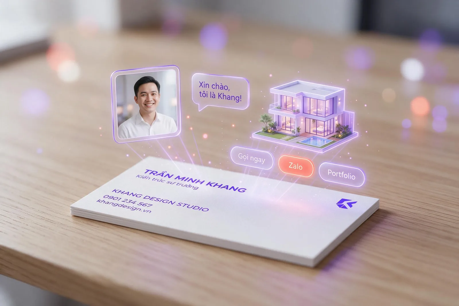 Danh thiếp kiến trúc sư với logo 3D, video giới thiệu và các nút gọi, Zalo nổi lên phía trên