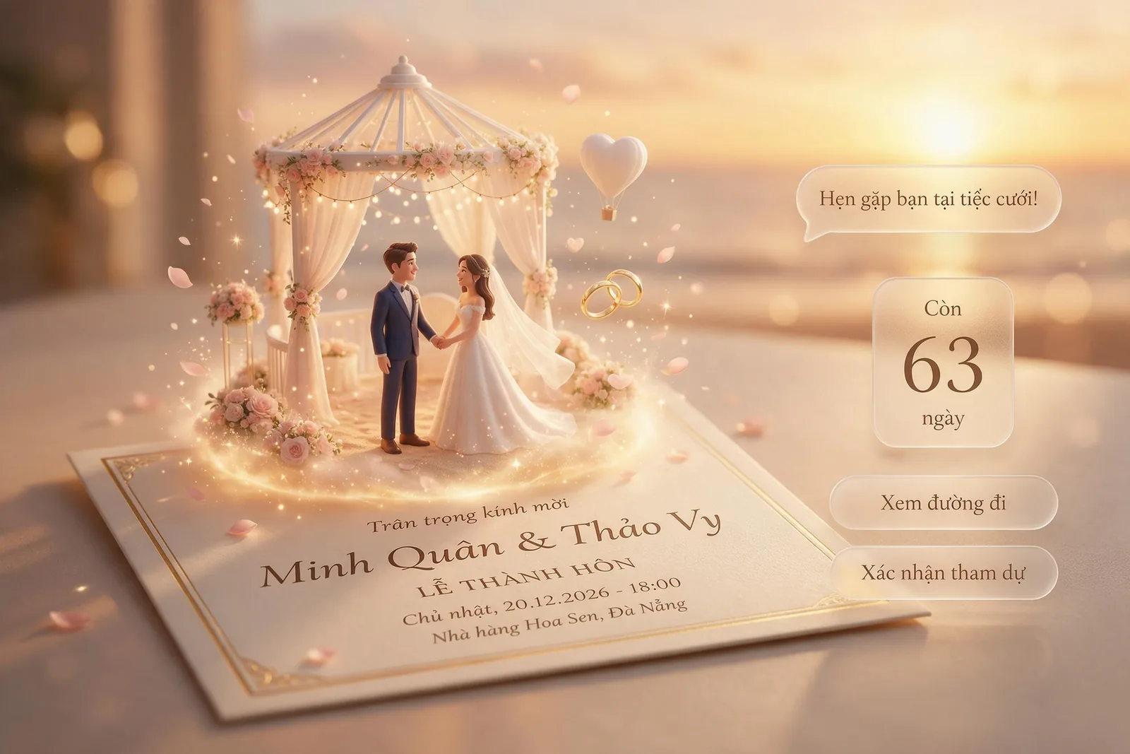 Thiệp cưới mở ra cảnh bãi biển 3D với cô dâu chú rể, đồng hồ đếm ngược và nút xác nhận tham dự
